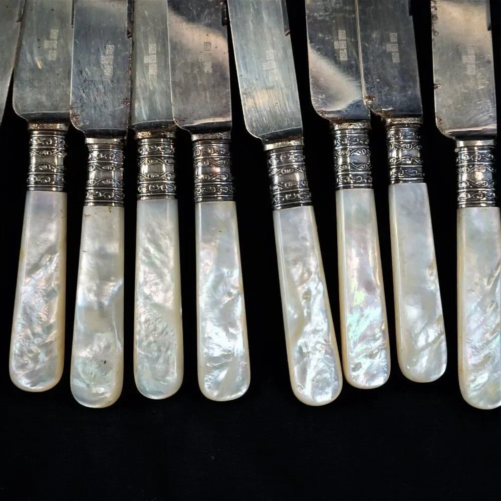 Antique Meriden Cutlery Mother-of-Pearl Sterling Silver Ferrules 12 Blunt Knives